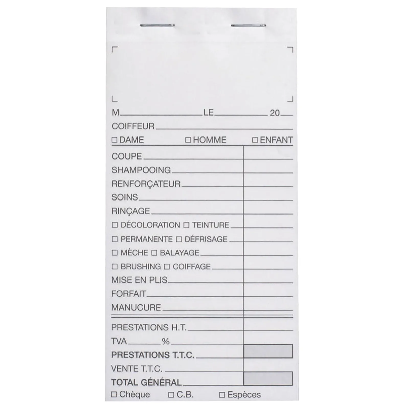 Carnet de caisse sans numéro